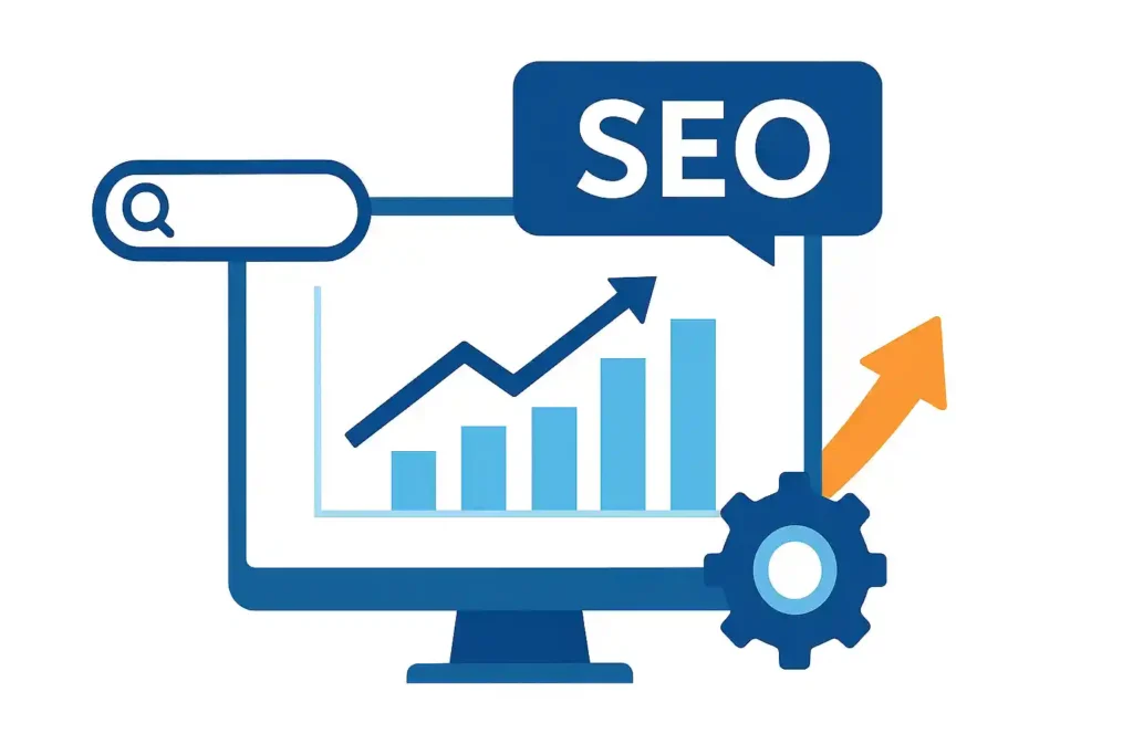 SEO optimization illustration showing ranking and search tools