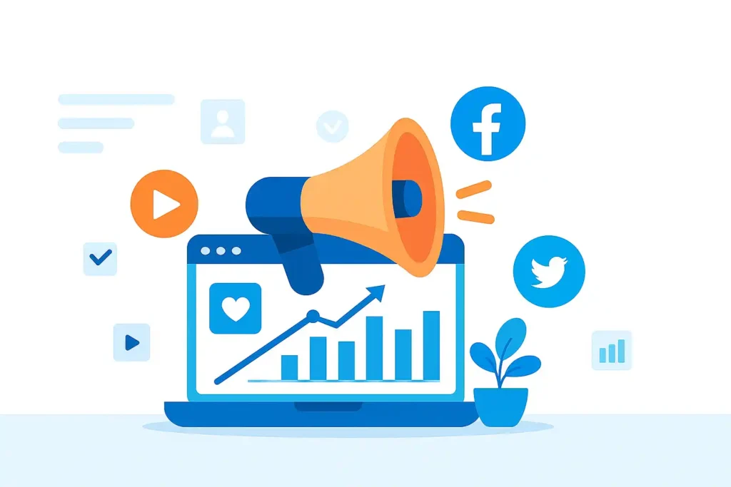 Flat illustration showing social media marketing elements including a megaphone, analytics graph, and social media icons