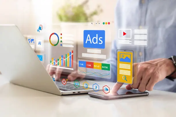 Professional Google Ads management services in Sultanpur showing ad performance, analytics, and campaign optimization on laptop and mobile